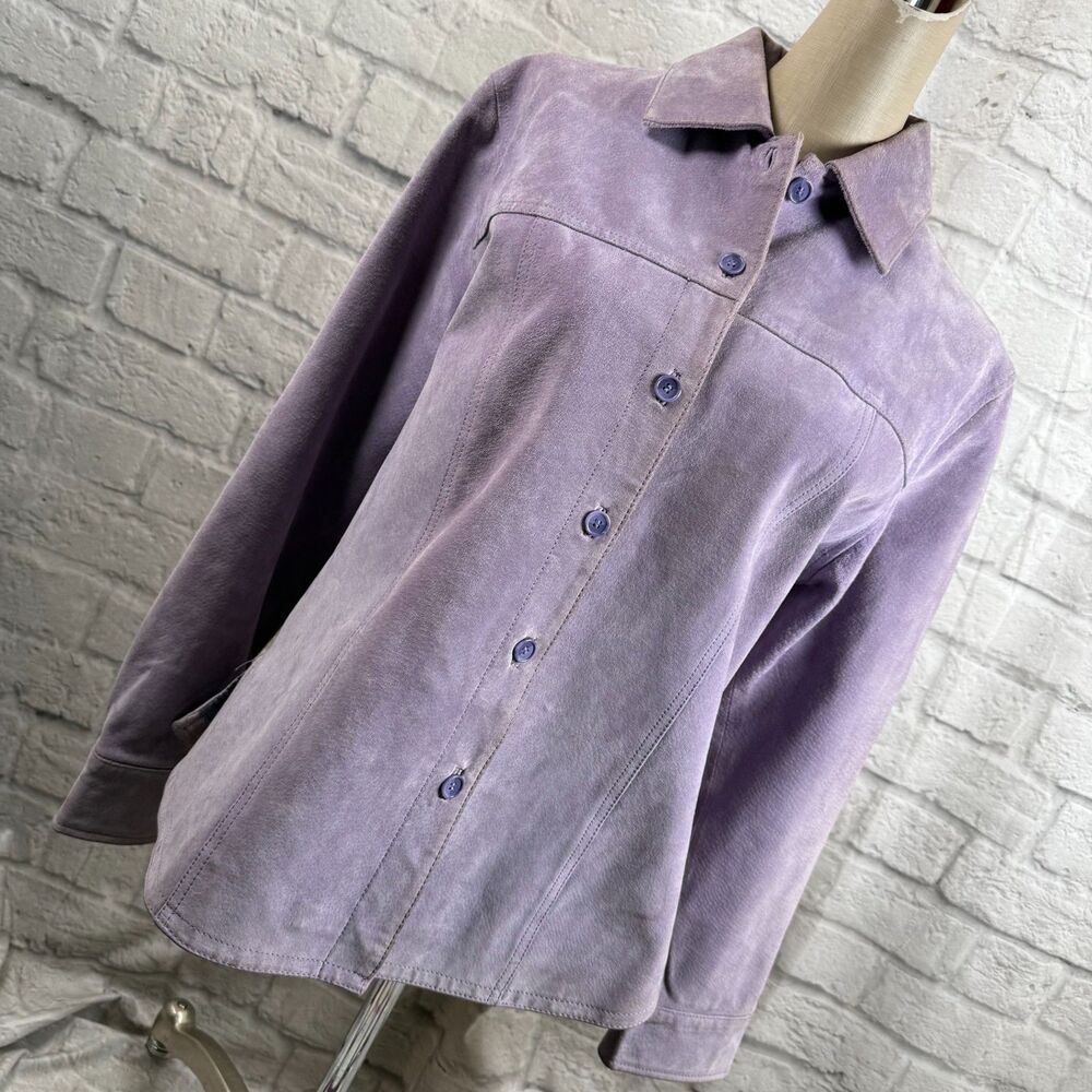 AMI Purple Suede Leather Jacket Women's Medium Satin Lining Button-Up Collared